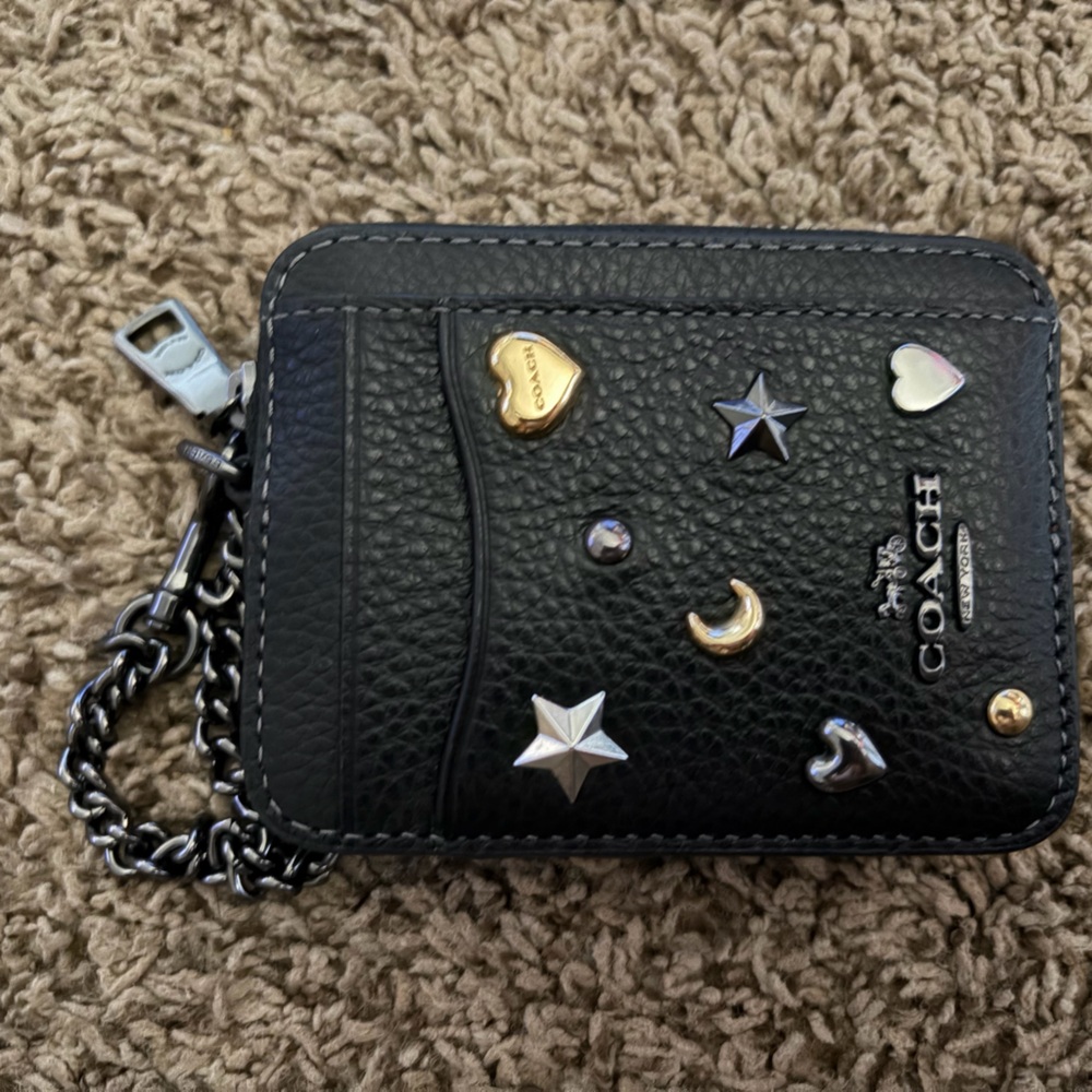 Coach zip card case with rivets